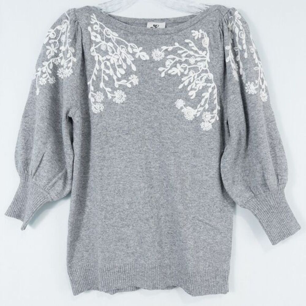Rain + Rose Floral Embroidered Puff Sleeve Sweater‎ Womens XS Gray Cottagecore